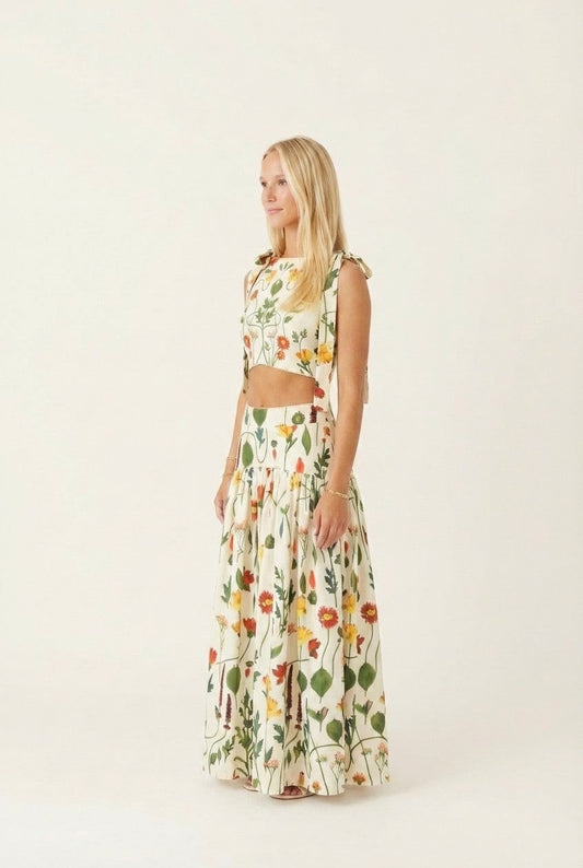 Women's Floral Tie-Shoulder Crop Top and Tiered Maxi Skirt Set