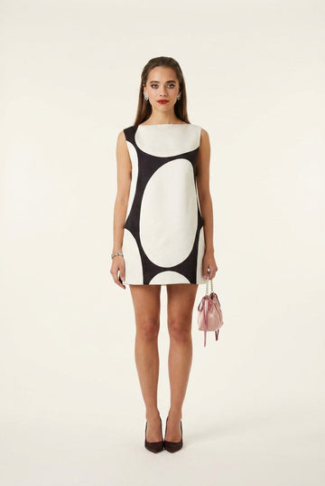 Women's Retro Mod Structured Graphic Mini Dress Sleeveless Boat Neck