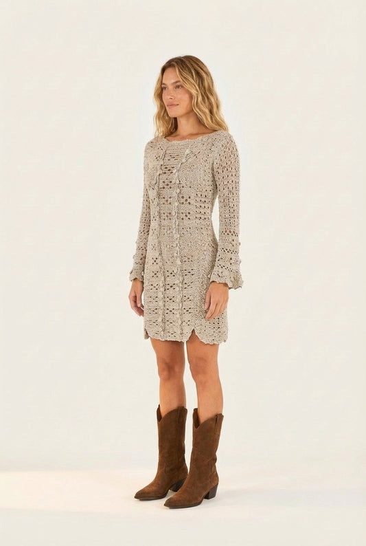 Women's Crochet Knit Mini Dress Long Sleeve Scalloped Boho Festival Wear