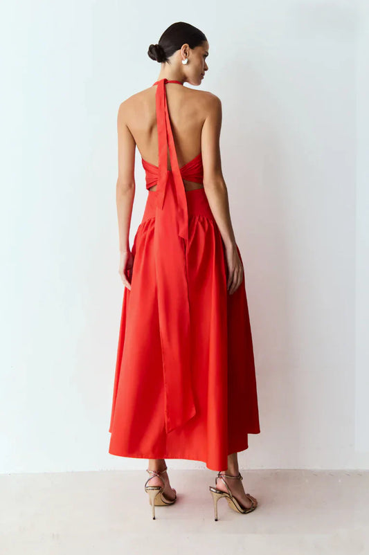 Bright red backless midi dress