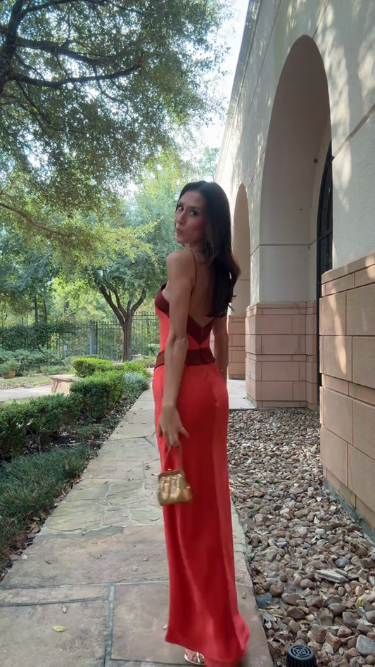 Red and Brown Contrast Maxi Dress