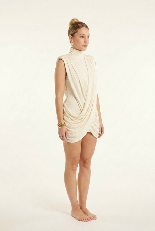 Women's Draped Jersey Mock Neck Mini Dress Padded Shoulder Cocktail