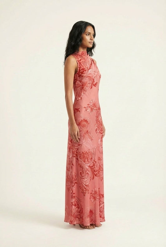 Women's Floral Satin Maxi Dress High Draped Neck Sleeveless Evening