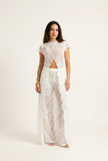 Women's Sheer Floral Lace Two-Piece Blouse and Wide Leg Pant Set