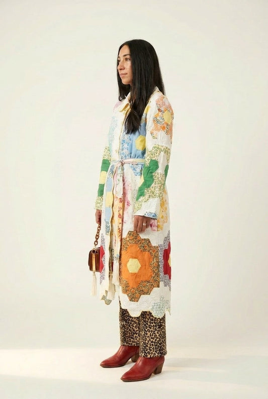 Women's Patchwork Eyelet Scalloped Coat Belted Bohemian Outerwear