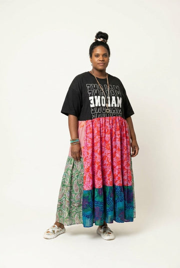 Women's Boho Graphic Jersey Mixed Print Tiered Maxi Dress