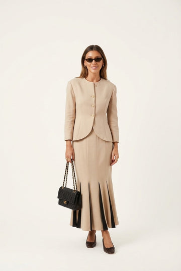 Women's Tailored Sand Blazer and Fluted Skirt Set Elegant Suit