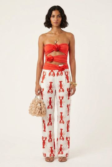 Women's Rosette Linen Wrap Crop Top and Lobster Print Pants Set
