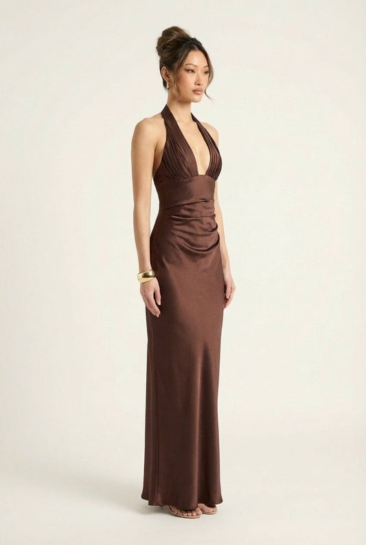 Women's Satin Halter Maxi Dress Ruched Deep V-Neck Evening Gala