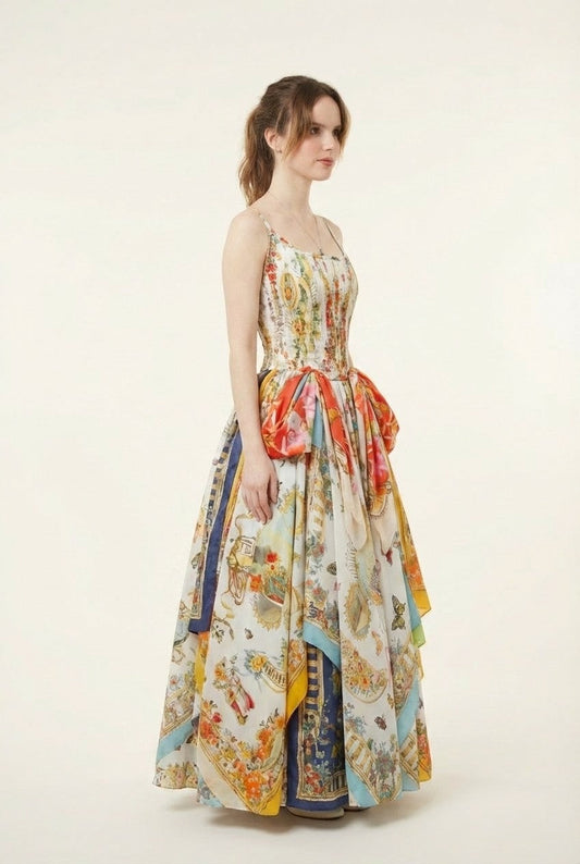 Women's Bohemian Silk-Touch Printed Maxi Dress With Smocked Bodice