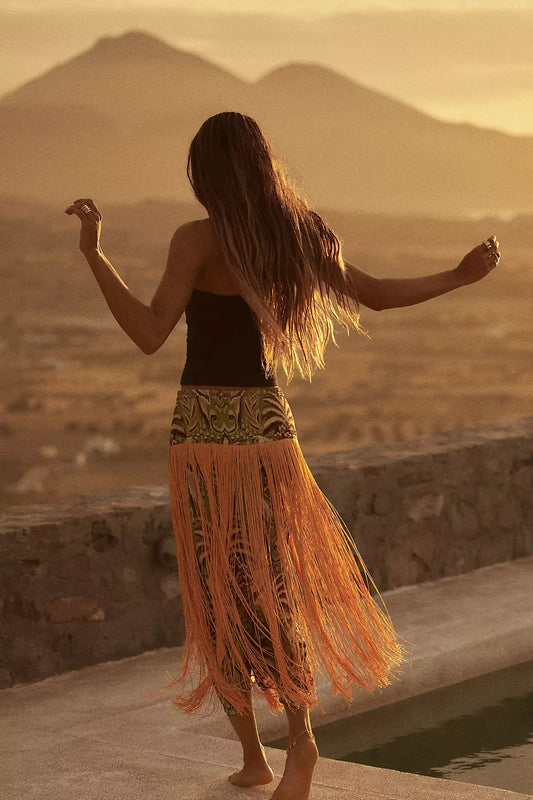 Pineapple Tapestry Green Fringe Midi skirt