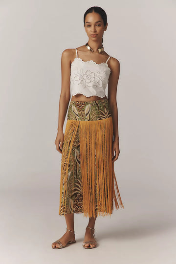Pineapple Tapestry Green Fringe Midi skirt