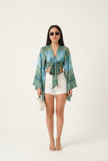 Women's Silky Paisley Tie-Front Crop Top With Bell Sleeves Summer Vibe