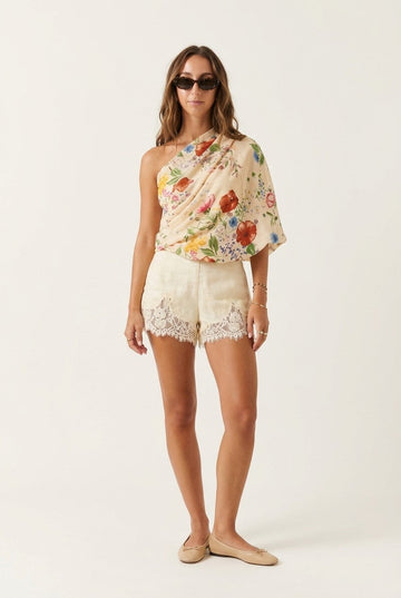 Women's Floral Linen One-Shoulder Top and Lace Shorts Set