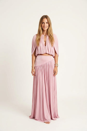 Women's Pleated Crop Top and Maxi Skirt Set with Draped Cape Sleeves