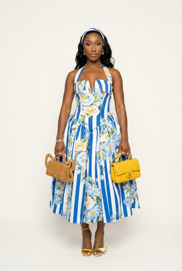 Women's Floral Striped Halter Midi Dress Full Skirt Vacation Style