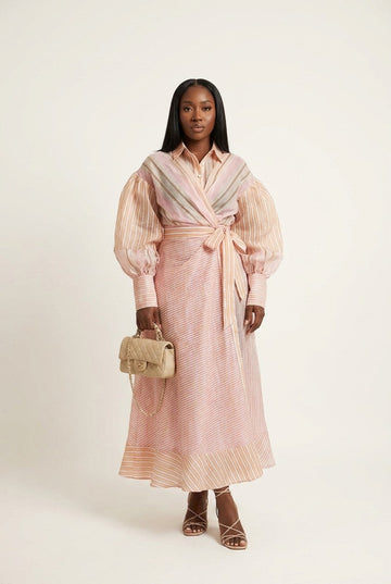 Women's Striped Linen Wrap Shirt Dress with Puff Sleeves and Tie Waist
