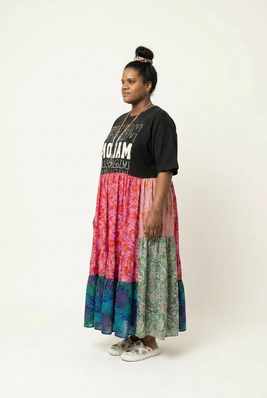 Women's Boho Graphic Jersey Mixed Print Tiered Maxi Dress