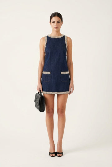 Women's Embellished Indigo Denim Shift Mini Dress Sleeveless Party Look