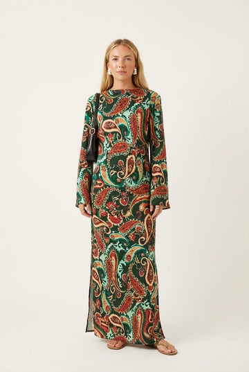 Women's Paisley Print Long Sleeve Maxi Dress with Side Slit Boho Chic