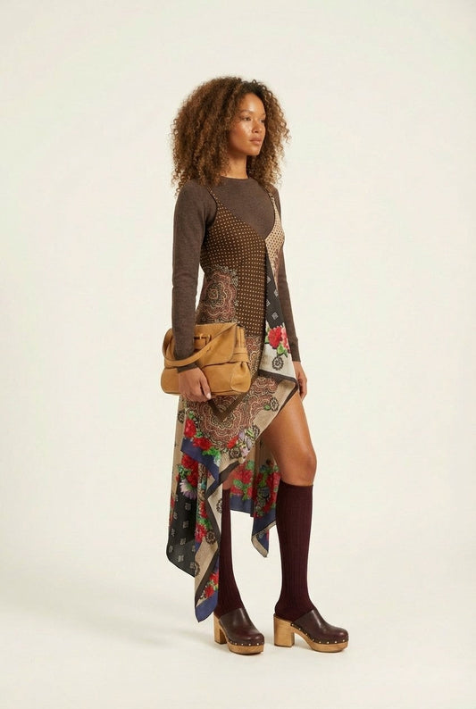 Women's Bohemian Mixed Print Handkerchief Hem Sleeveless Midi Dress