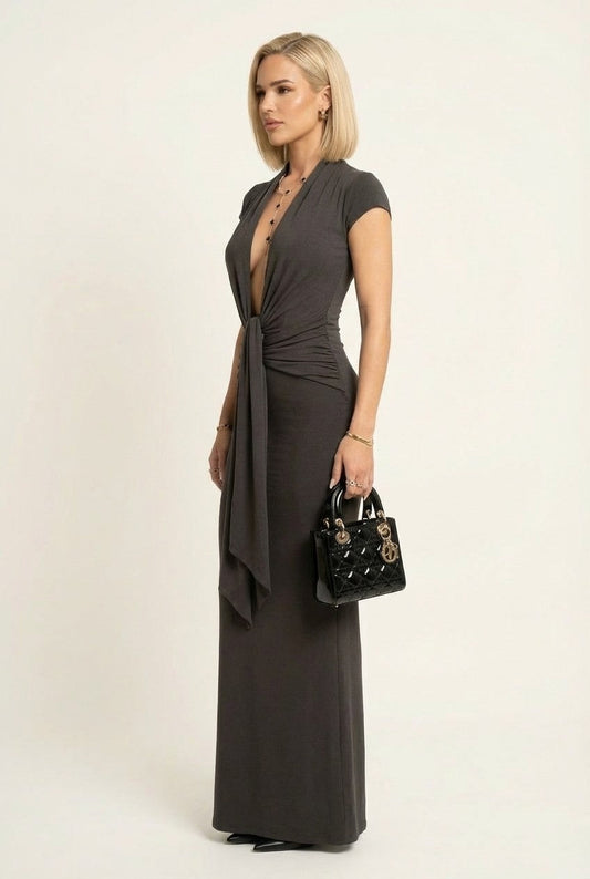 Women's Ruched Slate Jersey Maxi Dress with Deep V-Neck and Front Knot