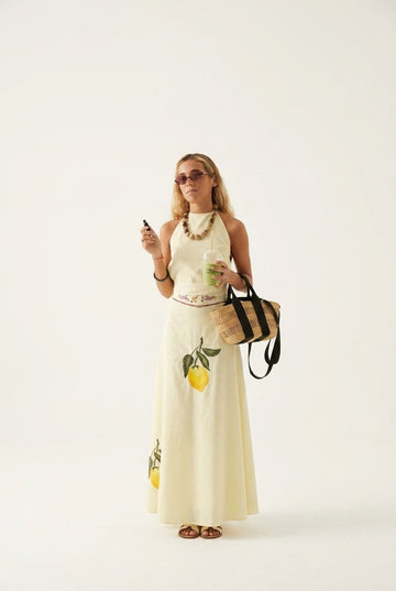 Women's Mediterranean Lemon Print Halter Maxi Dress with Embroidered Waist
