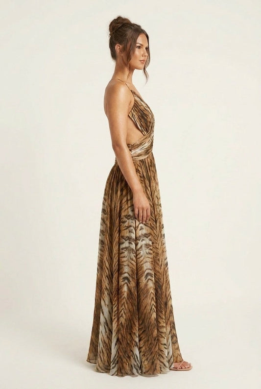 Women's Tiger Print Chiffon Maxi Dress with Waist Cut-Outs Evening Glam