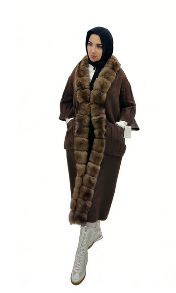 Faux fur trim long coat