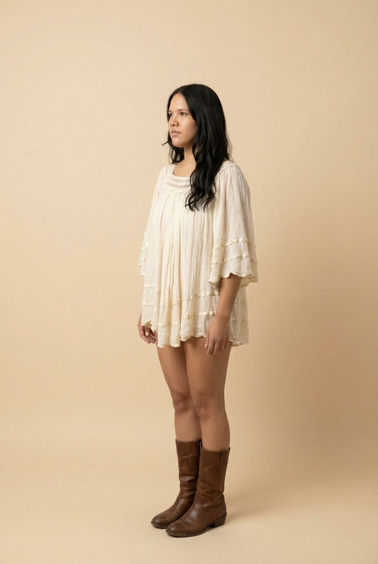 Women's Romantic Cream Gauze Blouse with Crochet Trim and Ruffle Tiers