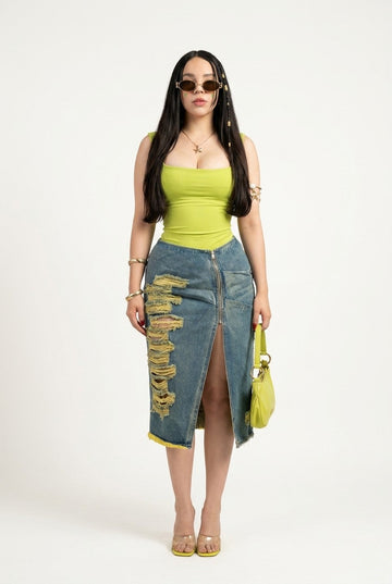 Women's Lime Green Ribbed Tank and Distressed Denim Skirt Set
