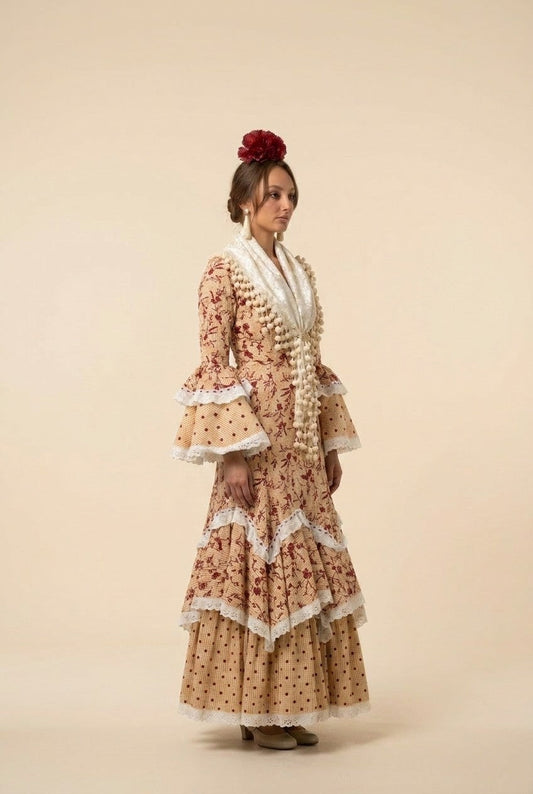 Women's Traditional Floral Polka Dot Flamenco Dress with Tiered Ruffles