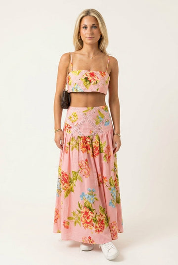 Women's Floral Linen Crop Top and Maxi Skirt Set with Lace Details