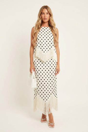 Women's Polka Dot Fringe Blouse and Skirt Set Elegant Summer Party Wear