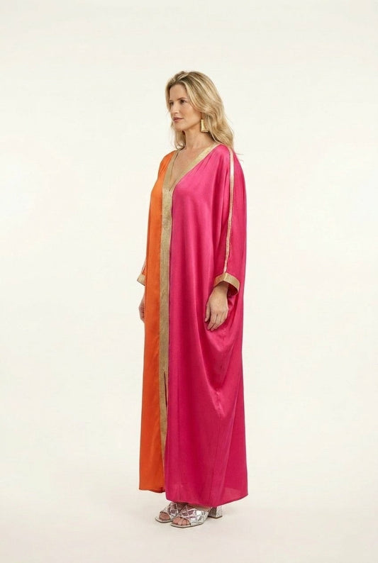 Women's Colorblock Satin V-Neck Kaftan Dress with Gold Trim