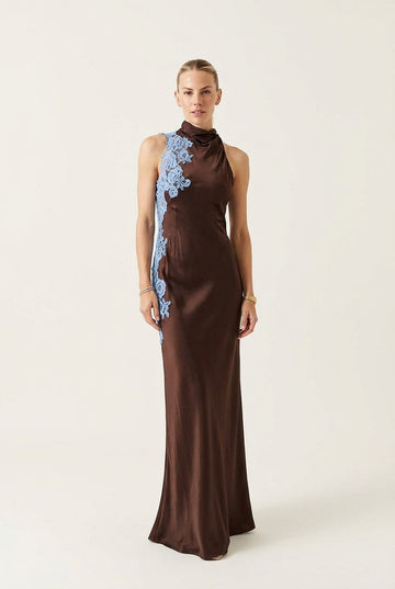 Women's Chocolate Satin Halter Maxi Dress with Blue Lace Detail Formal Gown