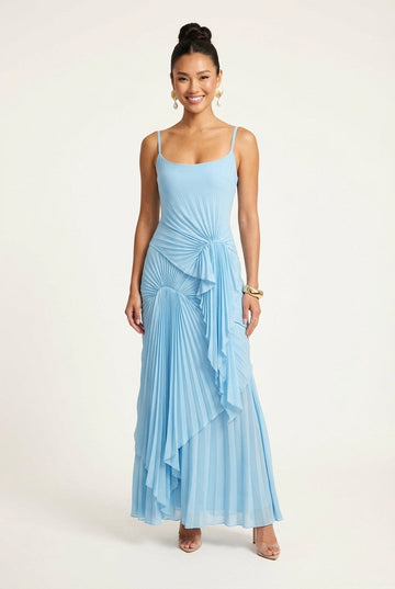 Women's Sky Blue Pleated Maxi Dress with Asymmetrical Ruffles