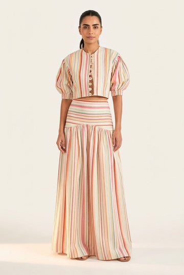 Women's Striped Linen Blend Blouse and Maxi Skirt Set, Cropped Puff Sleeve