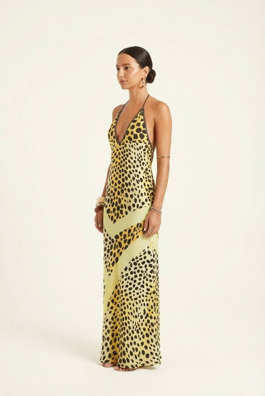 Women's Satin Leopard Print Maxi Dress Halter Deep V Summer Resort