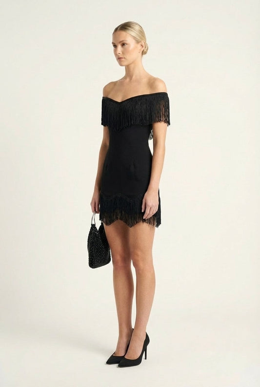 Women's Fringe Trim Off-the-Shoulder Mini Dress Bodycon Cocktail Vibe