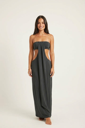 Women's Elegant Strapless Cut-Out Draped Jersey Maxi Dress