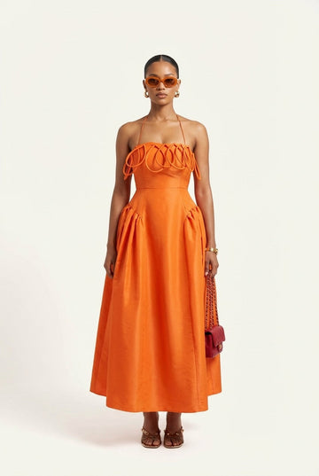 Women's Orange Taffeta Halter Dress with Loop Neckline Cocktail Midi