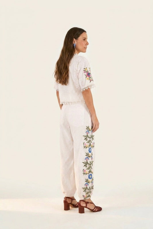 Women's Floral Embroidered Linen Blouse and Pants Set, Relaxed Summer Vibe