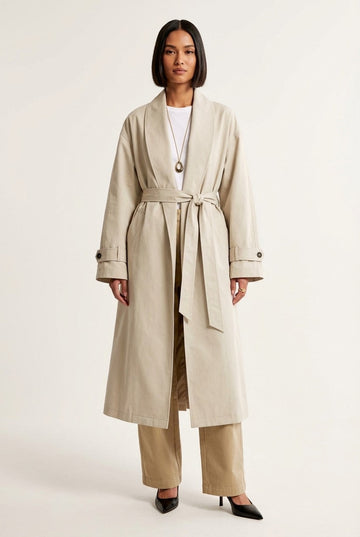 Women's Minimalist Cotton Twill Belted Trench Coat Longline Fit