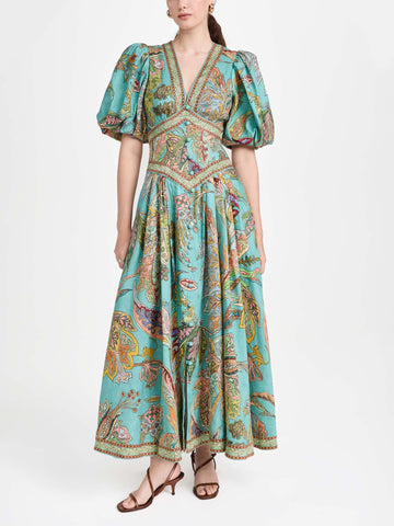 Emerald Luxe Paisley Puff Sleeve Maxi Dress