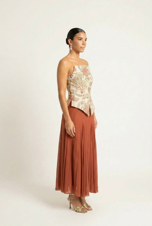 Women's Floral Tapestry Strapless Blouse and Pleated Skirt Set