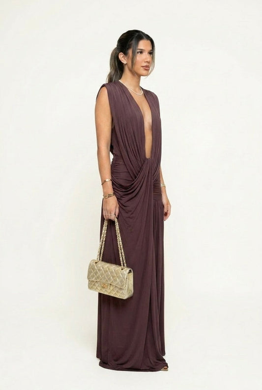 Women's Draped Jersey Deep V-Neck Maxi Dress Elegant Evening Gown