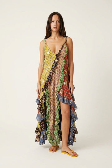 Women's Metallic Patchwork Maxi Dress Ruffled High-Low Hem Summer Party