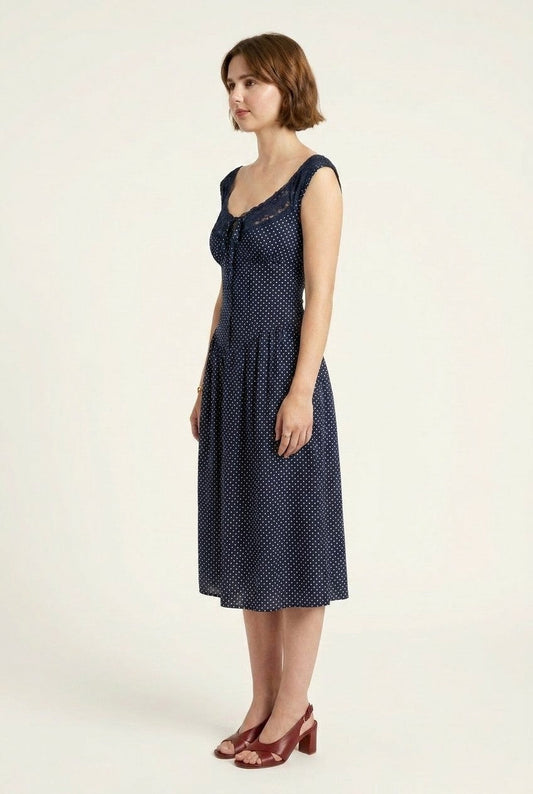 Women's Vintage Polka Dot Midi Dress With Lace Trim And Tie Front
