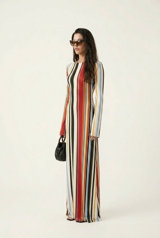 Women's Vertical Striped Long Sleeve Maxi Dress Slim Fit Bohemian Chic